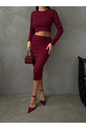 Kadın Uzun Kollu Bisiklet Yaka Crop Ve Midi Boy Kaşkorse Kumaş Etek Ikili Takım