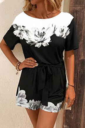 MDB Kadın Tek Omuzu Açık çiçek Desenli Beli Kuşaklı Iki Iplik Mini Short Tulum