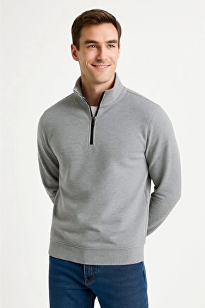 EQURİ Erkek Dik Yaka Sweatshirt Dik Yaka Yarım Fermuarlı 3 İplik Şardonlu Pamuk Kumaş - Gri
