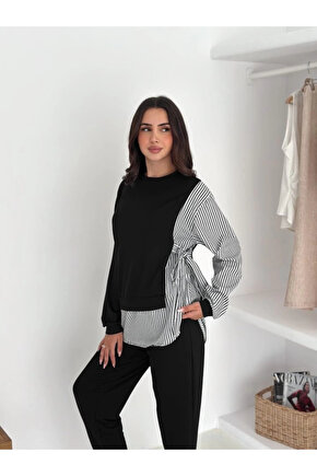 Modest Siyah Gömlek Detay Çizgili Yandan Bağlamalı Kadın Bluz ve Pantolon 2li Takım