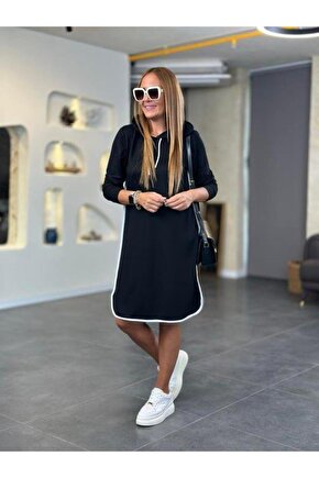 Kadın Uzun Kollu Kapüşon Ve Ribana Detay Diz üstü Elbise