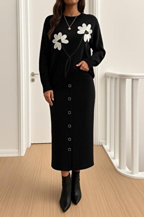 Kadın Bluz çiçek Desenli Detay Etek Düğme Detayıkılı Takım