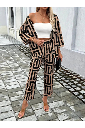 Kadın Uzun Kollu önü Açık Desenli Iki Iplik Ceket Ve Pantolon Ikili Takım