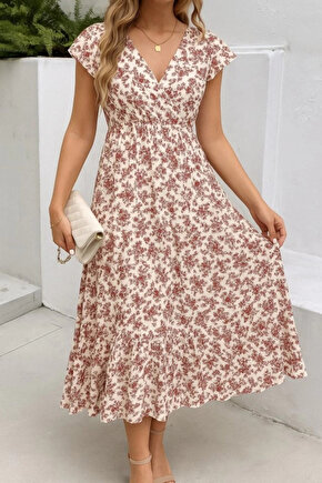Kadın Kısa Kollu Kruvaze Yaka Beli Lastikli çiçek Desenli Elbise