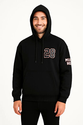 EQURİ Üç İplik Kapüşonlu Ön Ve Arka Baskılı SweatShirt Hoodie - Siyah
