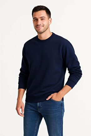 Bupel Erkek Üç İplik Düz Bisiklet Yaka SweatShirt - Lacivert