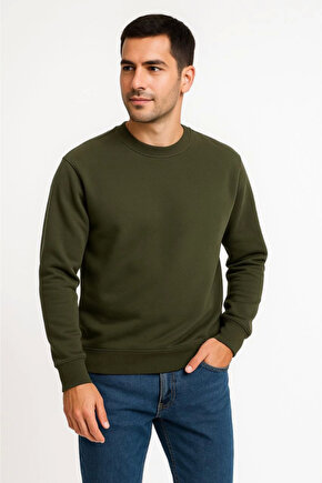 EQURİ Erkek Üç İplik Düz Bisiklet Yaka SweatShirt - Haki