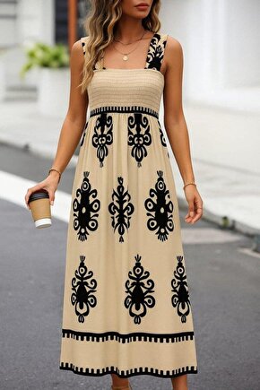 Kadın Askılı Kare Yaka Gipe Detaylı Desenli Suprem Elbise