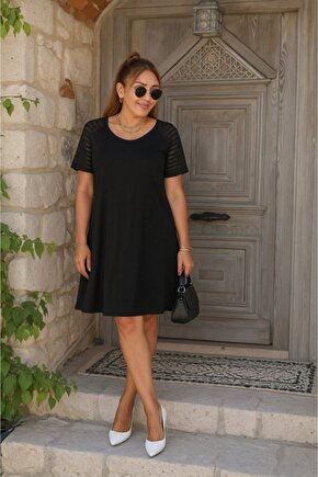 EQURİ Kadın Kısa Kollu Yuvarlak Yaka şerit Kol Detaylı Viskon Elbise