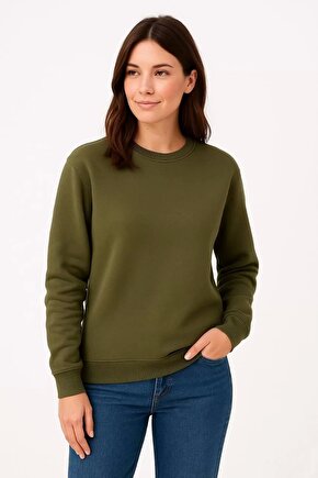 Kadın Üç İplik Düz Bisiklet Yaka SweatShirt - Haki