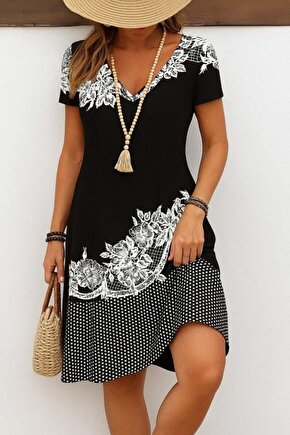 Kadın Kısa Kollu V Yakalı çiçek Baskılı Süprem Elbise