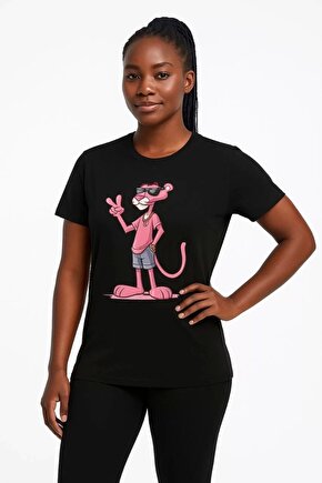 Kadın Bisiklet Yaka Kısa Kollu Baskılı T-shirt - Siyah