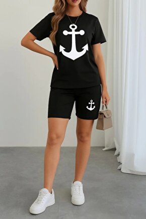 Kadın Kısa Kollu çapa Baskılı Viskon Ikili Takım