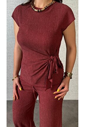 EQURİ Kadın Kısa Kollu Bisiklet Yaka Yandan Bağlamalı Bürümcük Bluz Ve Pantolon Ikili Takım