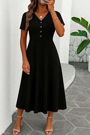 Kadın Kısa Kollu V Yakalı önden Düğmeli Yırtmaçlı Midi Viskon Elbise