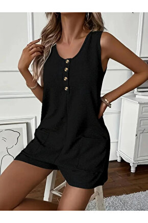 Kadın Askılı Yuvarlak Yaka Düğmeli Waffle Kısa Tulum