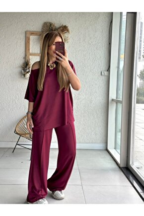 Yeni Sezon Kadın Tek Omuzdan Açık Geniş Kesim Viskon İki İplik Bluz ve Pantolon İkili Takım