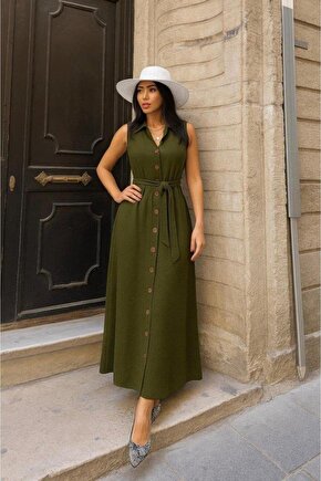 Kadın Düğme Detay Kuşak Dahil Elbise