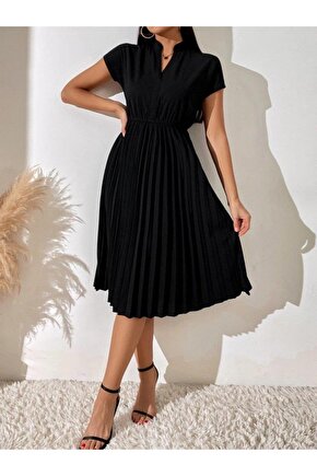 Kadın Kısa Kollu Hakim V Yakalı Pileli Janjan Krep Elbise