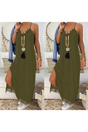 Kadın Haki Dantel Detay Viskon Elbise 3798