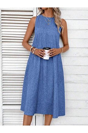 Kadın Kolsuz Bisiklet Yaka Cepli Midi Keten Elbise