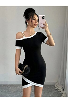 Kadın Kısa Kollu Asimetrik Kesim Yaka şerit Ve Aksesuar Detaylı Modal Elbise