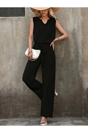 Kadın Kolsuz V Yakalı Aerobin Bluz Ve Belden Kuşaklı Pantolon Ikili Takım