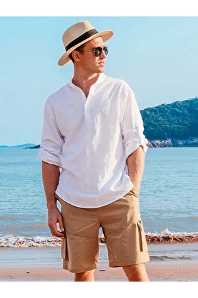 Erkek Uzun Kollu Hakim Yaka Düğmeli Erkek Müslim Gömlek