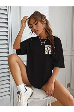 Kadın Bisiklet Yaka Baskılı T-shirt - Siyah