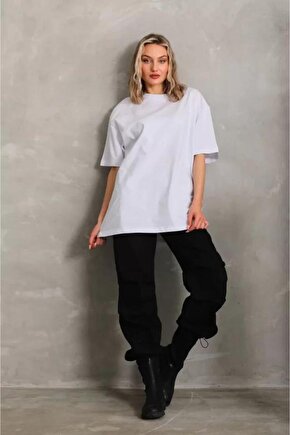 Unisex Bisiklet Yaka 201 Düz Oversize T-Shirt - Beyaz