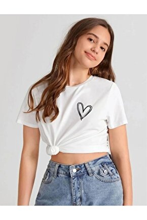 Kız Çocuk Bisiklet Yaka Baskılı T-Shirt - Beyaz