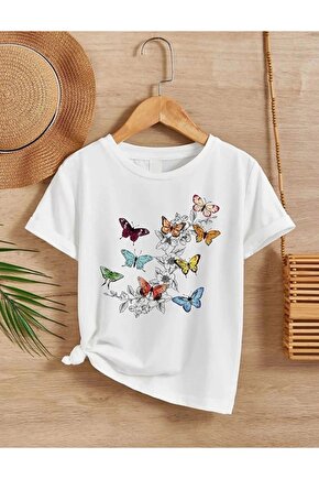 Kız Çocuk Bisiklet Yaka Baskılı T-Shirt - Beyaz