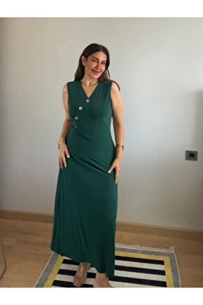 Kadın Kruvaze Yaka Düğme Detay Maxi Boy Elbise