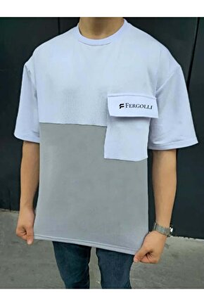 Unisex Torba Cep Detaylı Parçalı T-Shirt - Gri