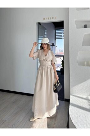 Kısa Kollu Uzun Elbise - Kırık Beyaz