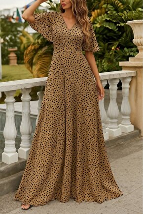 Kadın Kısa Kollu V Yakalı Desenli Süprem Elbise