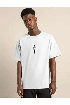 Unisex Bisiklet Yaka Baskılı Oversize T-Shirt - Beyaz