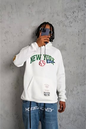 Erkek Baskılı Kapüşonlu Sweatshirt - Beyaz