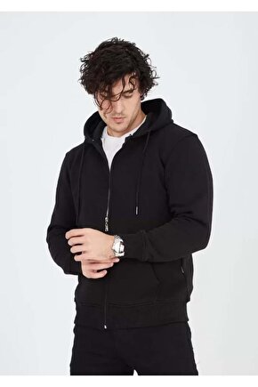 Unisex Tam Fermuarlı Kapşonlu SweatShirt - Siyah