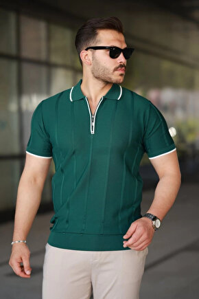 MDB Erkek Dikey Kabartmalı Örgü Dokulu Fermuar Yakalı Tişört