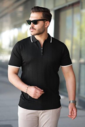 Erkek Fermuar Yakalı çizgi Dokulu Kısa Kollu Tişört