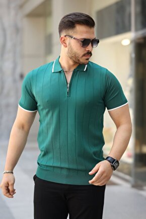 Erkek Fermuar Yakalı çizgi Dokulu Kısa Kollu Tişört