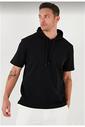 Unisex Kapşonlu Kısa Kol Düz Oversize T-shirt - Siyah