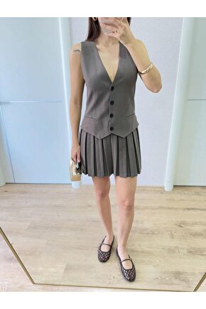 Keten Takım Görünümlü Düğme Detaylı Yelekli Mini Elbise - Bordo