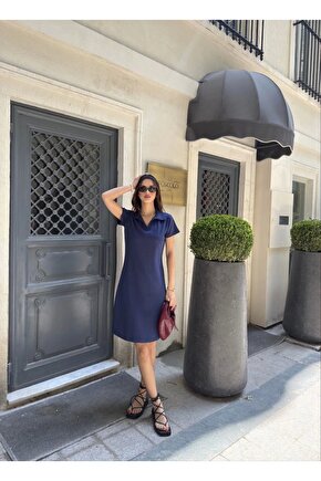 Osy Modal Yumuşak Dokulu Kumaş Yakalı Kısa Kollu Elbise - Mavi