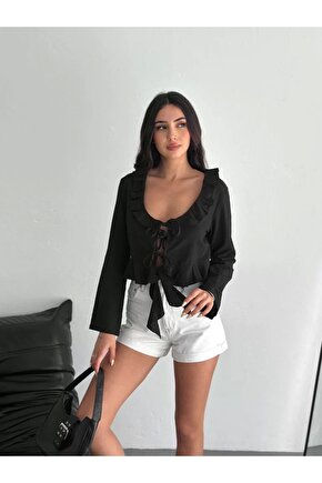 Keten Uzun Kol Bağacık Detaylı Bluz - Siyah