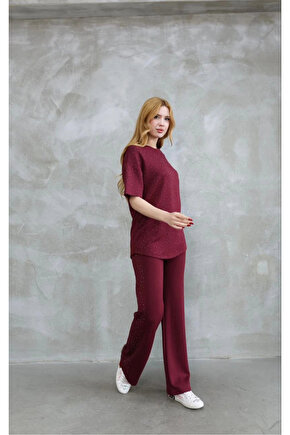 Osy Modal Yumuşak dokulu Kumaş Bisiklet Yaka Taş detaylı Kısa Kollu Takım - Bordo