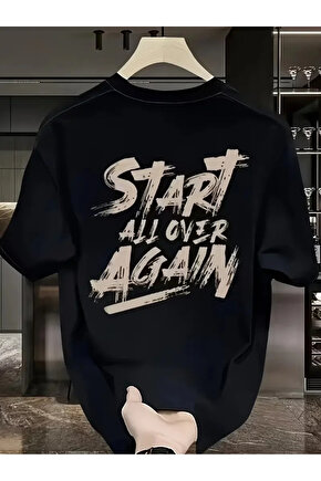 201 Penye Compack Start All Over Baskılı Oversize Bisiklet Yaka Kısa Kol T-shirt - Siyah