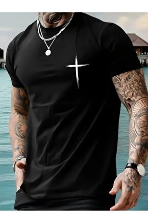 201 Penye Compack Baskılı Oversize Bisiklet Yaka Kısa Kol T-shirt - Siyah