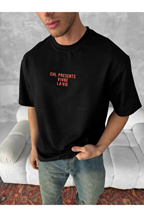 Ön Ve Arka Baskılı Oversize Bisiklet Yaka T-shirt- Siyah